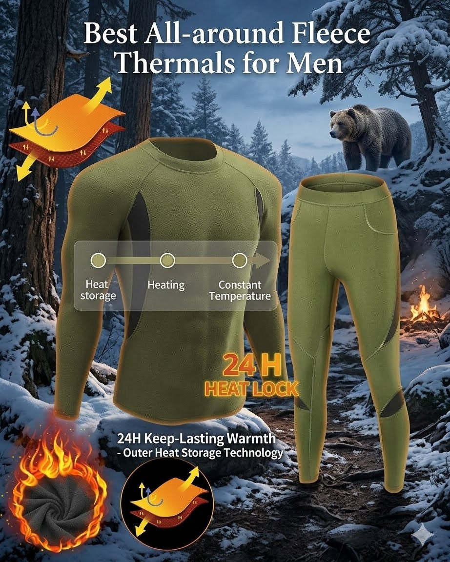 Green fleece thermals for men with winter scene and bear in the background