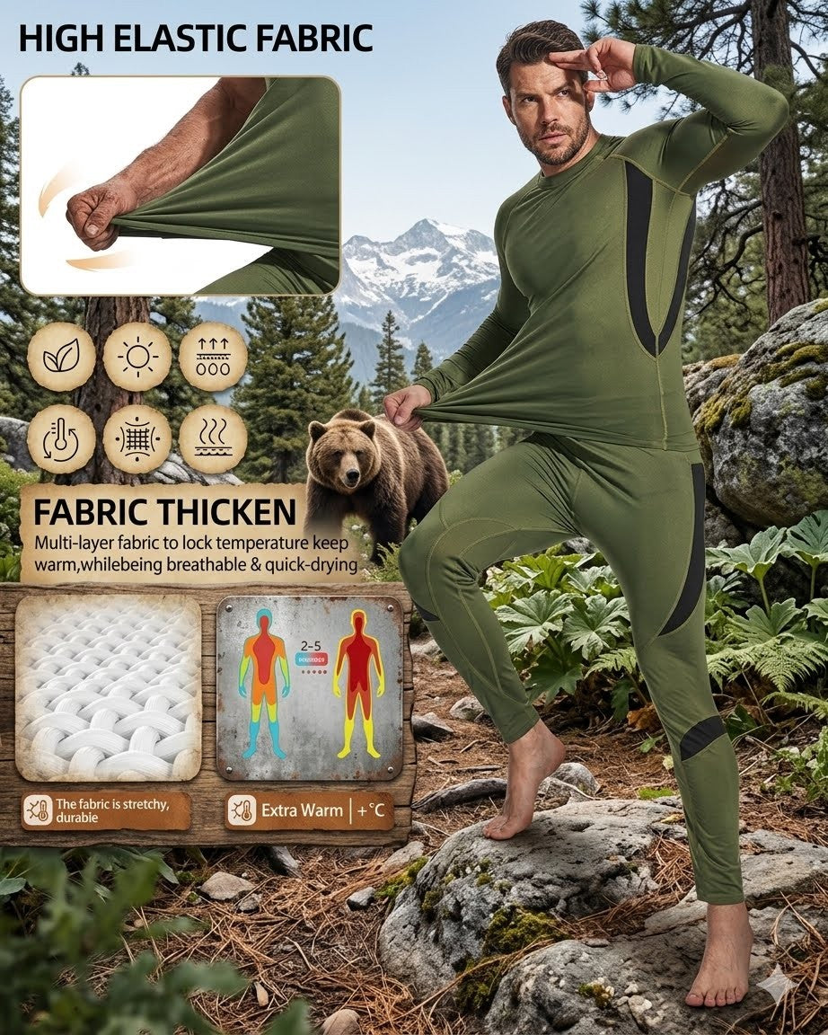 Person wearing a green high-elastic fabric outfit in a natural setting with text and graphics about the fabric's features.