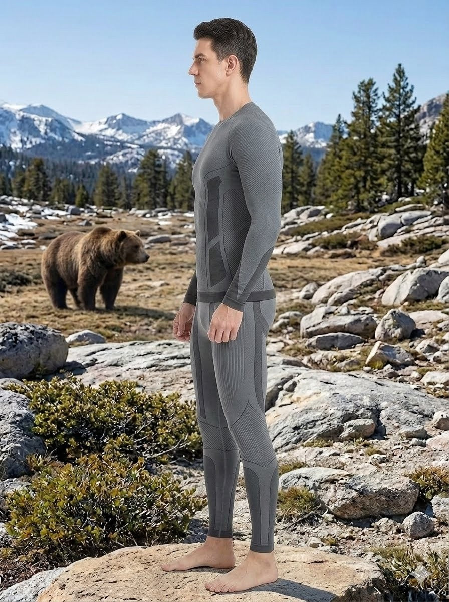 Person wearing gray thermal underwear standing in a mountainous landscape with a bear in the background.