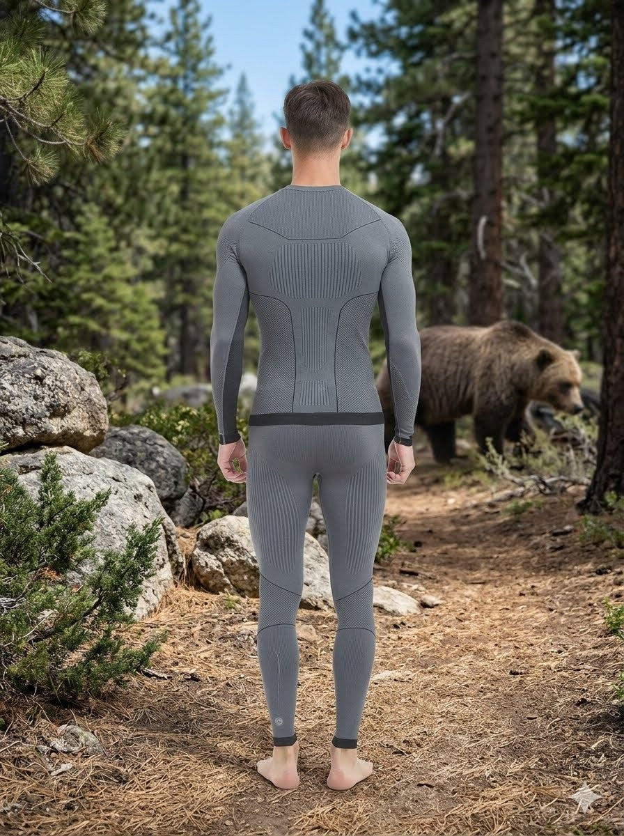 Person wearing a gray wetsuit standing in a forest with a bear nearby