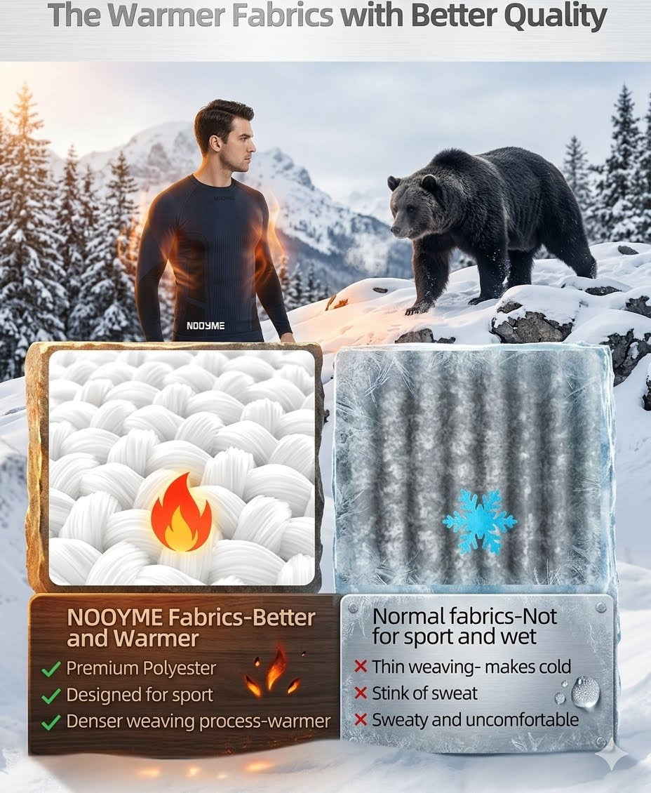 Comparison of fabrics with traditional fabrics in a snowy landscape with a bear and person.