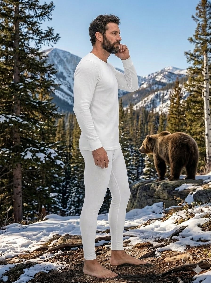 Man in white outfit standing in a snowy forest with a bear in the background