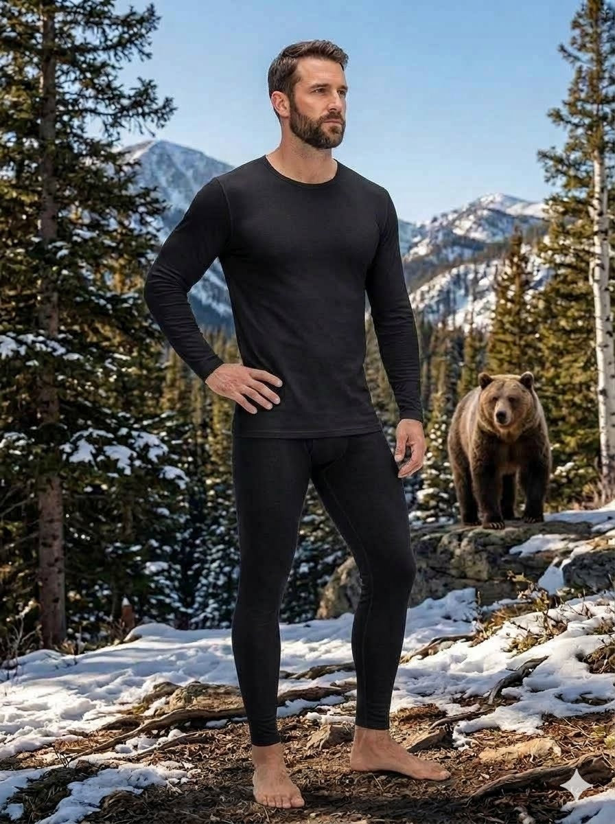 Man in black compression suit standing in a snowy forest with a bear in the background biggreenbear.com