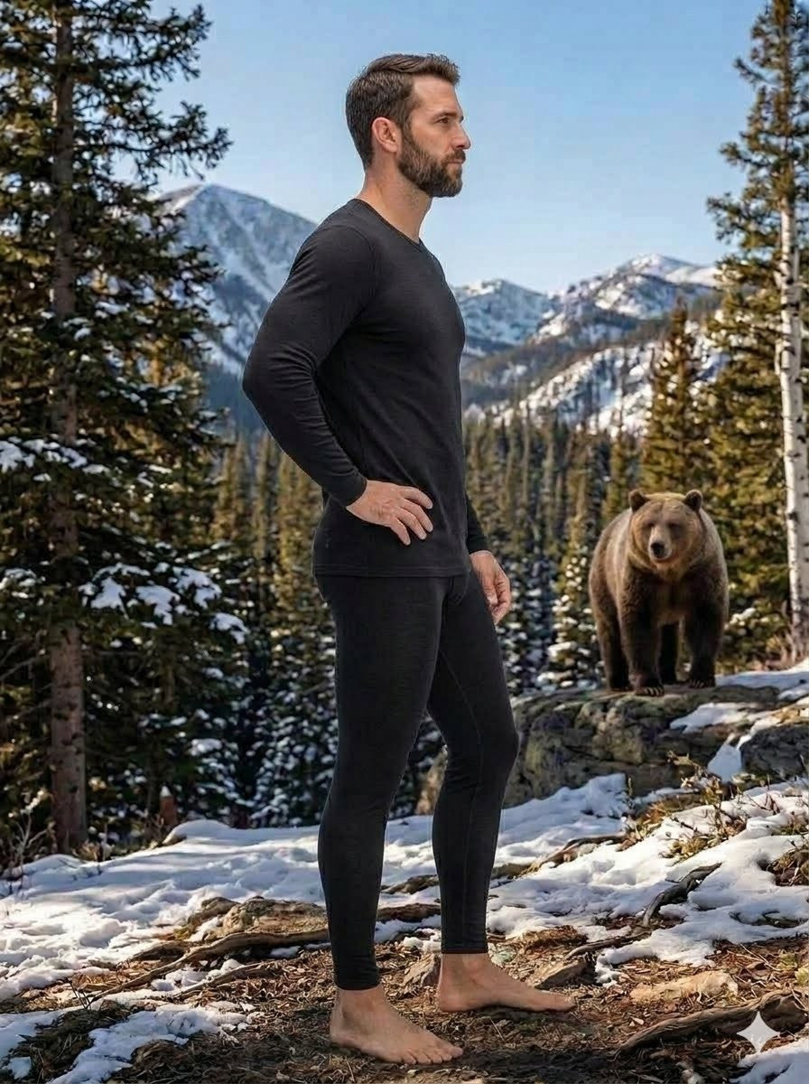 Man in black long-sleeve shirt and pants standing in a snowy forest with a bear in the background.