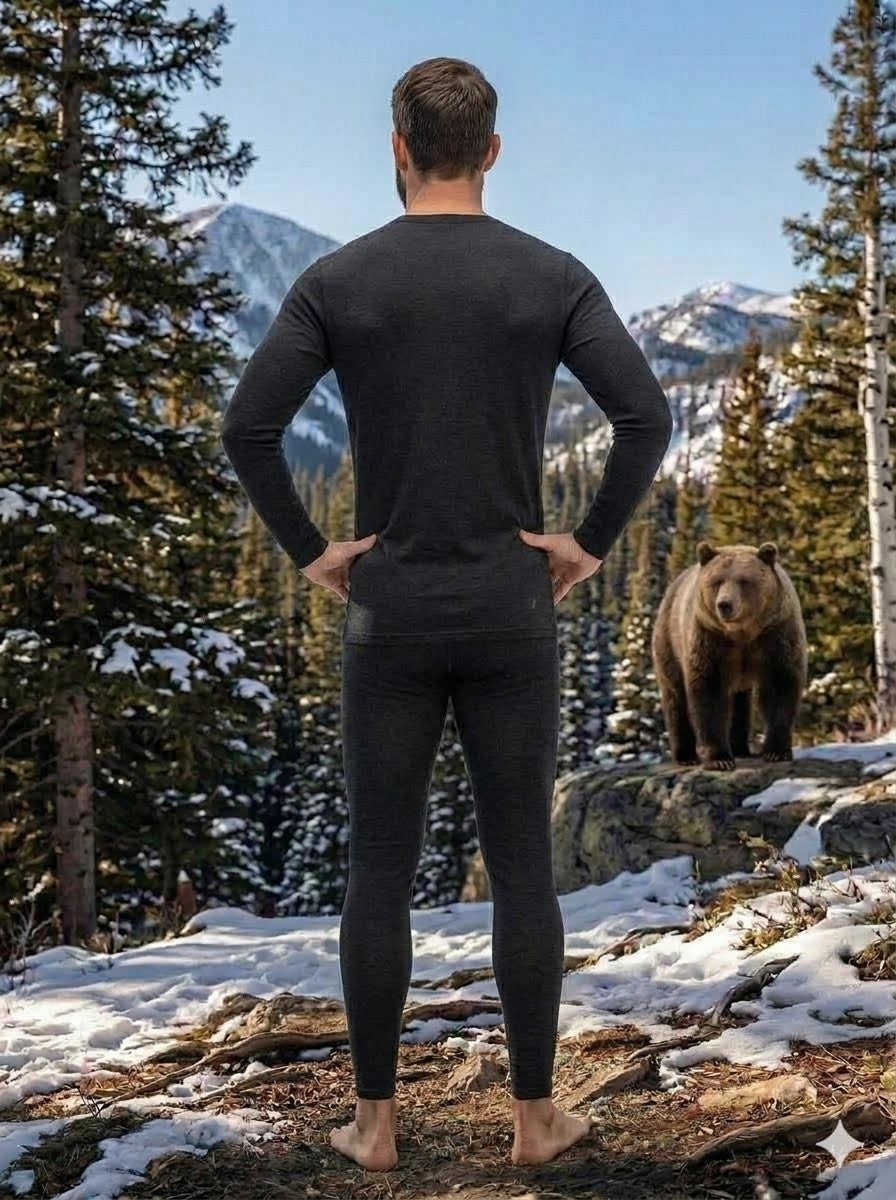 Person wearing black thermal clothing standing in a snowy mountain landscape with a bear nearby.