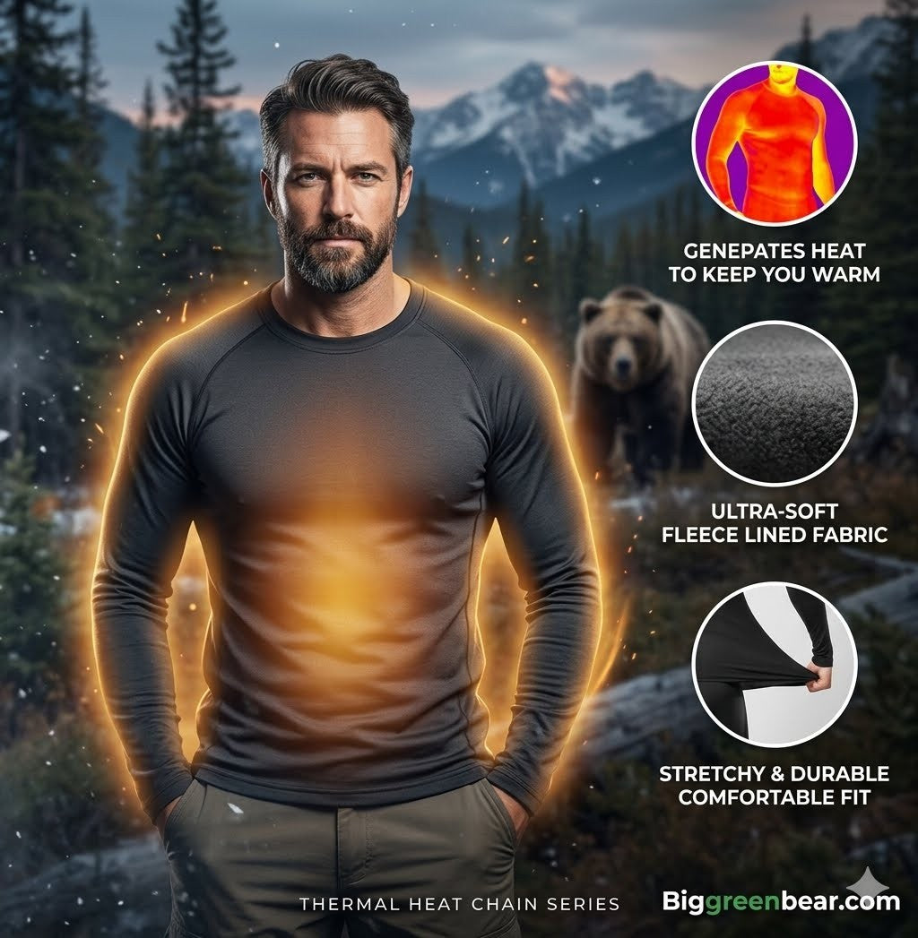 Man wearing a thermal发热衣物 with mountain and bear background, featuring product benefits.