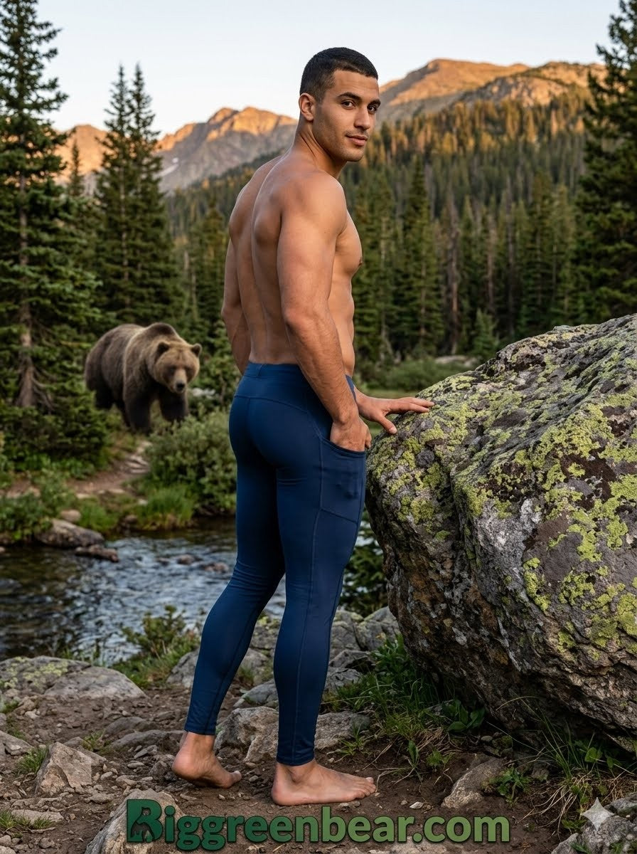 Man standing on a rock with a bear in the background in a forest setting.