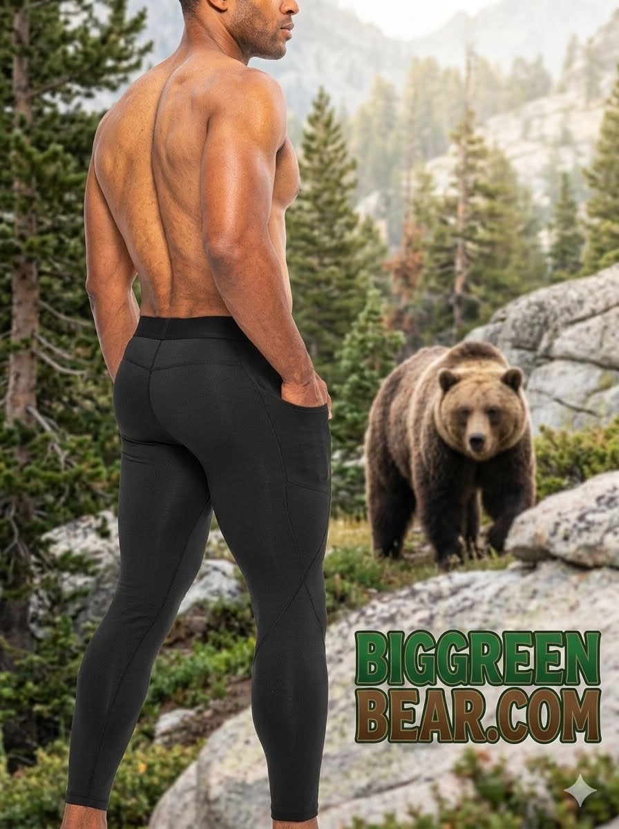 Man wearing black leggings with a bear in the background, featuring Big Green Bear.com.