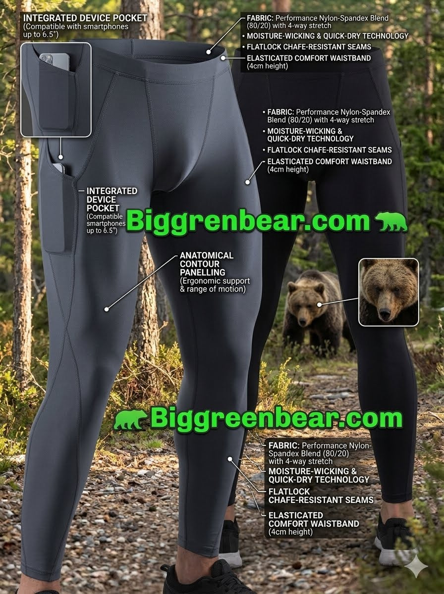 Black leggings with technical features highlighted, set against a forest background with bears.