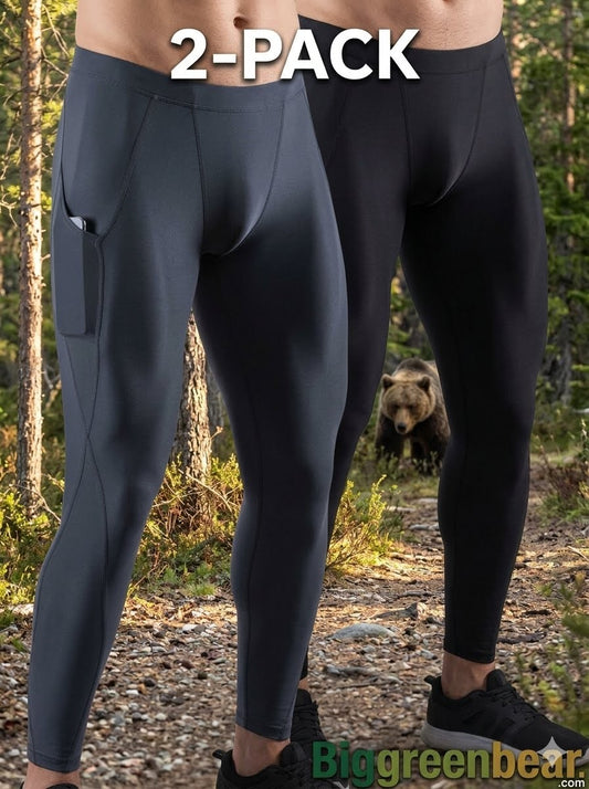 Two pairs of black leggings being worn in a forest with a bear in the background, labeled '2-Pack' and 'Biggreenbear'.
