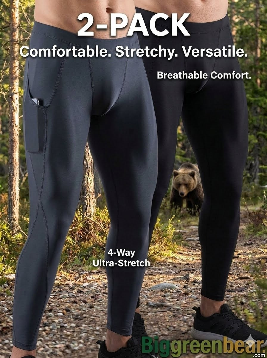 Person wearing black compression leggings with text highlighting features, set against a forest background.