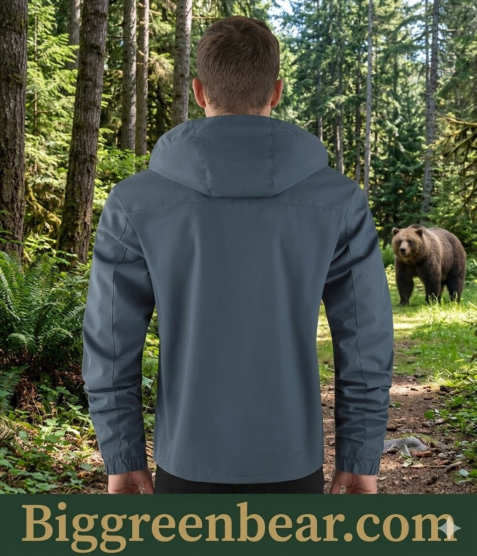 Person wearing a gray jacket in a forest with a bear in the background, featuring Biggreenbear.com branding.