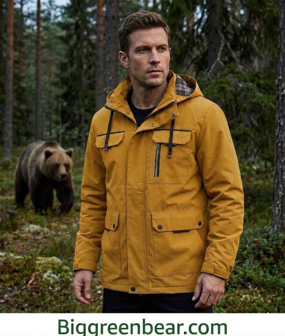 Man wearing a yellow jacket in a forest with a bear in the background, featuring Biggreenbear.com.