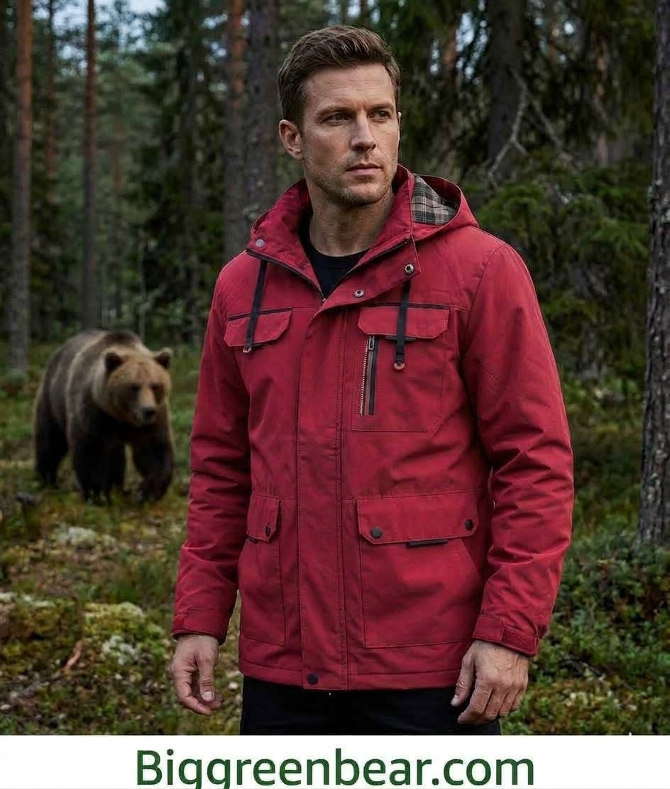 Man wearing a red jacket standing in a forest with a bear in the background, featuring Biggreenbear.com branding.