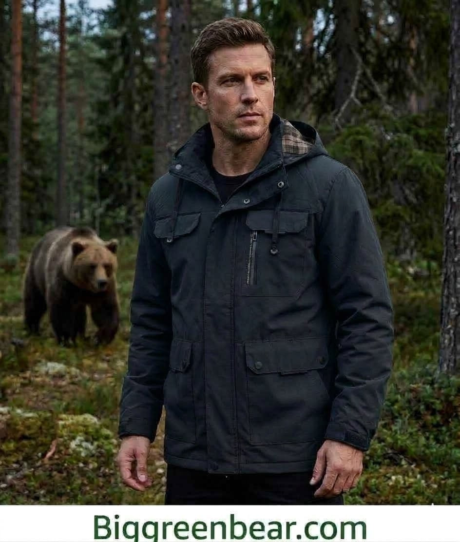 Man wearing a dark jacket standing in a forest with a bear in the background, featuring Biggreenbear.com branding.
