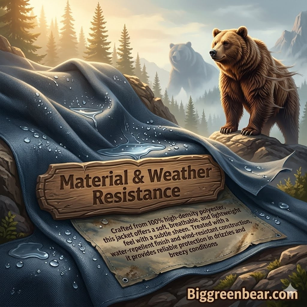 Bear standing on a rocky outcrop with a fabric material sample and 'Material & Weather Resistance' text overlay.