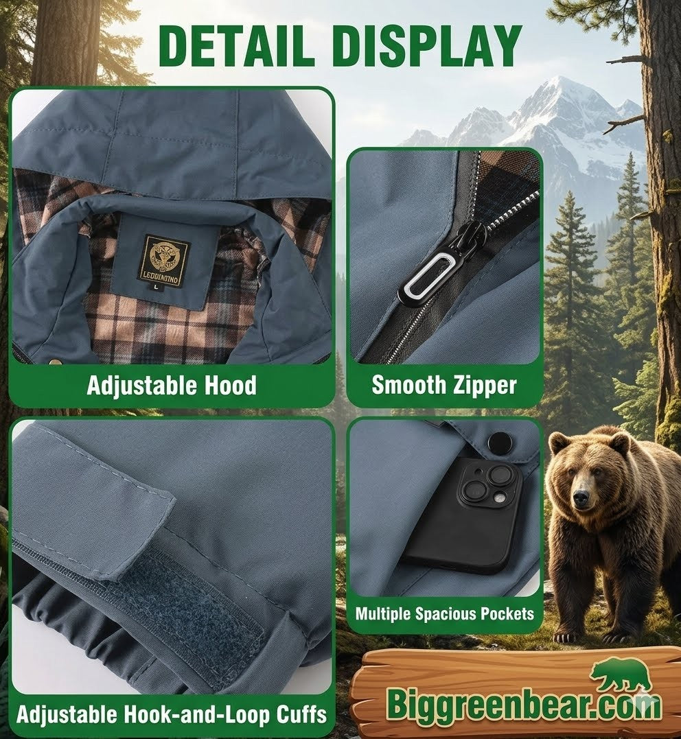 Collage of a jacket's features with a bear in the background, featuring the brand 'Biggreenbear.com'.