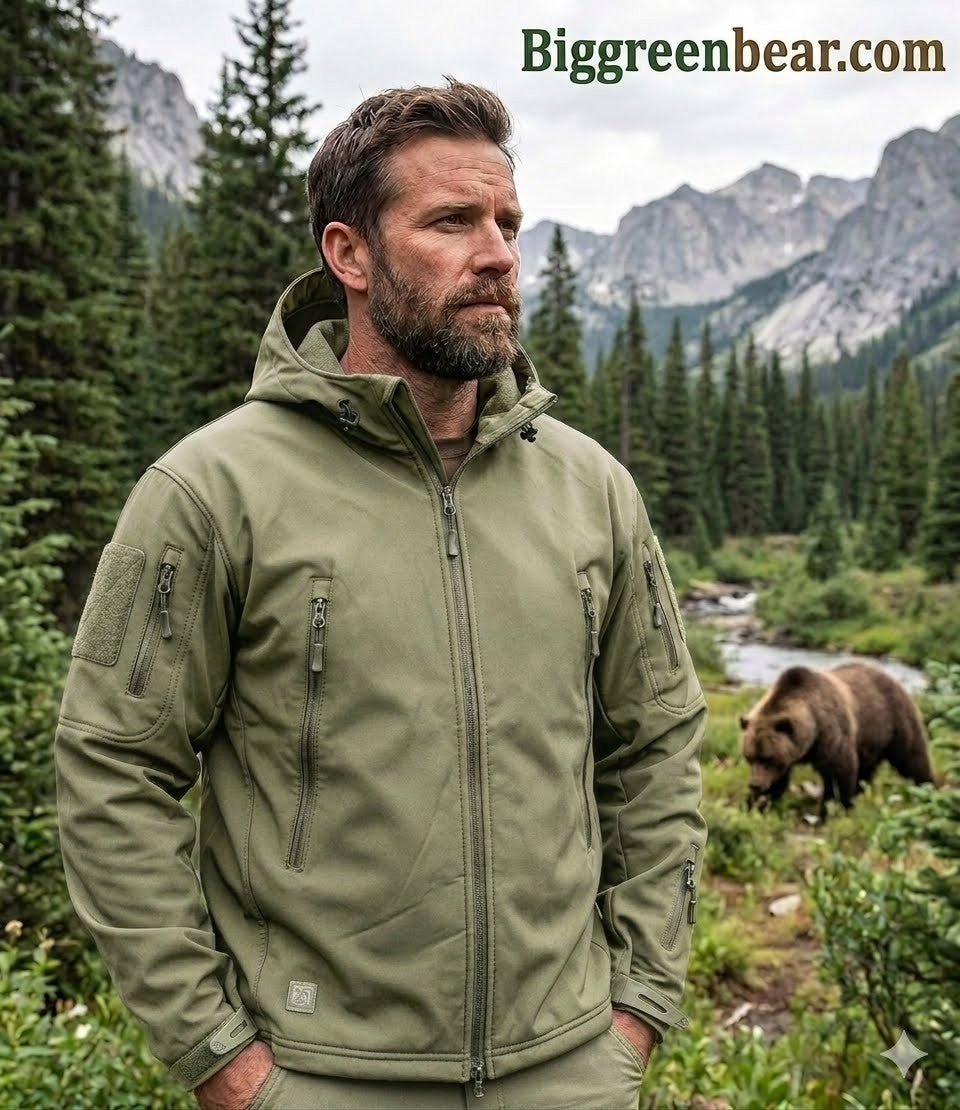 Man wearing a green jacket in a forest with a bear and mountains in the background, featuring Biggreenbear.com.