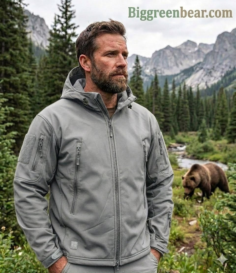 Man wearing a gray jacket in a mountainous forest with a bear in the background, featuring Biggreenbear.com.
