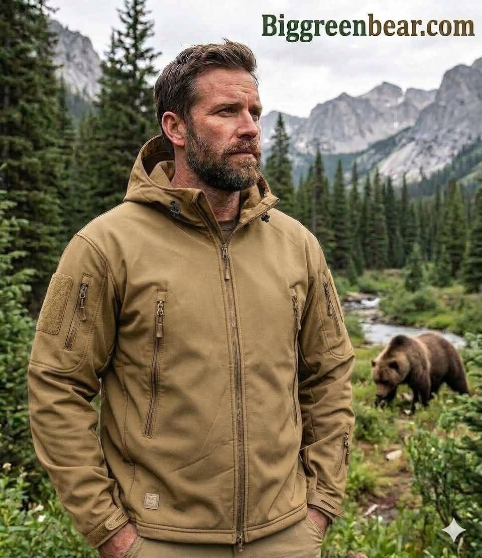 Man wearing a tan jacket in a mountainous forest with a bear in the background, featuring Biggreenbear.com.