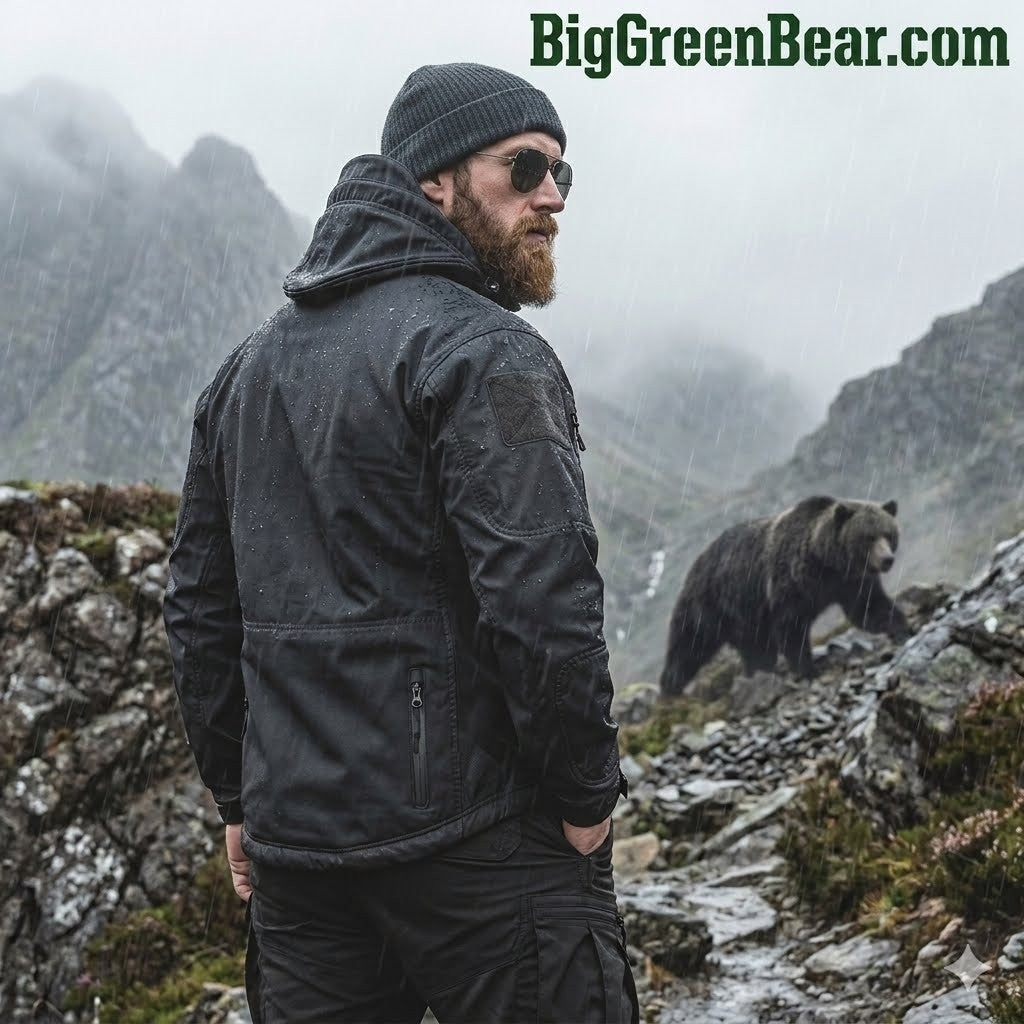 Man in black jacket and beanie standing on a rocky mountain path with a bear in the background, featuring BigGreenBear.com branding.