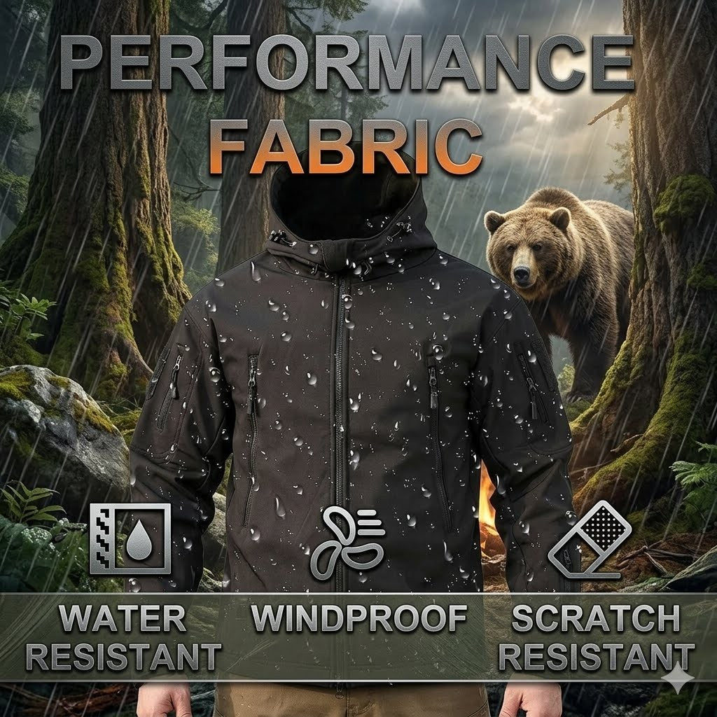 Person wearing a raincoat with a bear in the background, highlighting water-resistant, windproof, and scratch-resistant features.