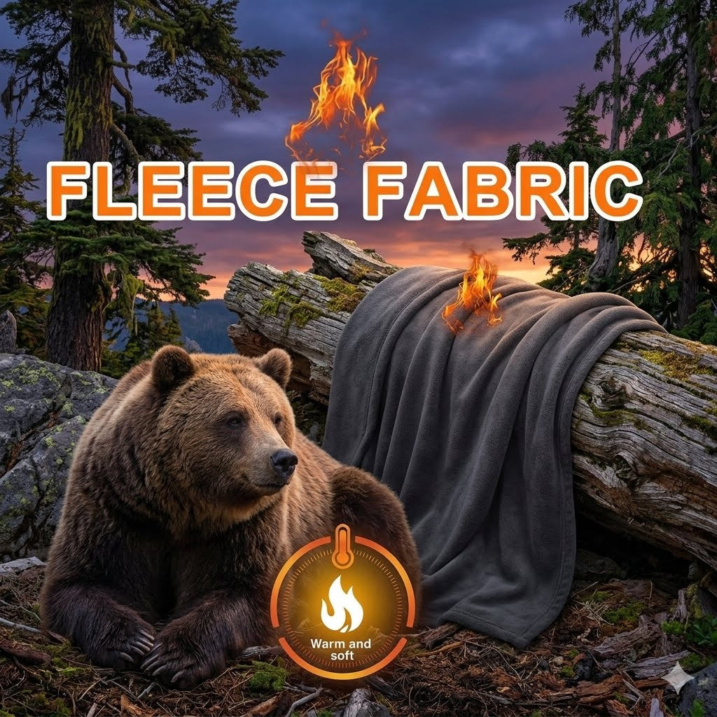 Bear in a forest setting with a fleece blanket and text 'Fleece Fabric'.