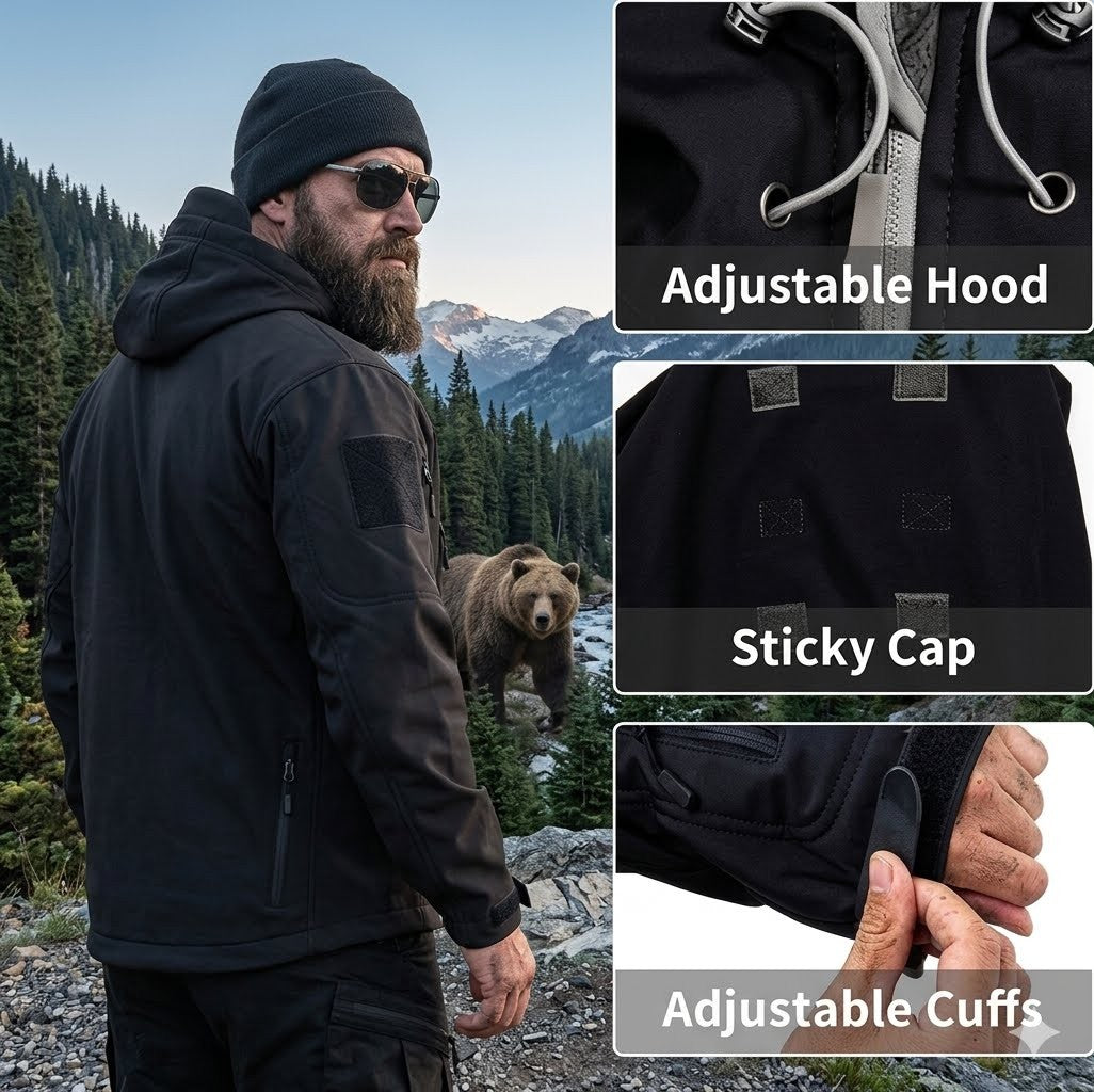 Man in black jacket with bear in the background, highlighting adjustable hood, sticky cap, and adjustable cuffs features.