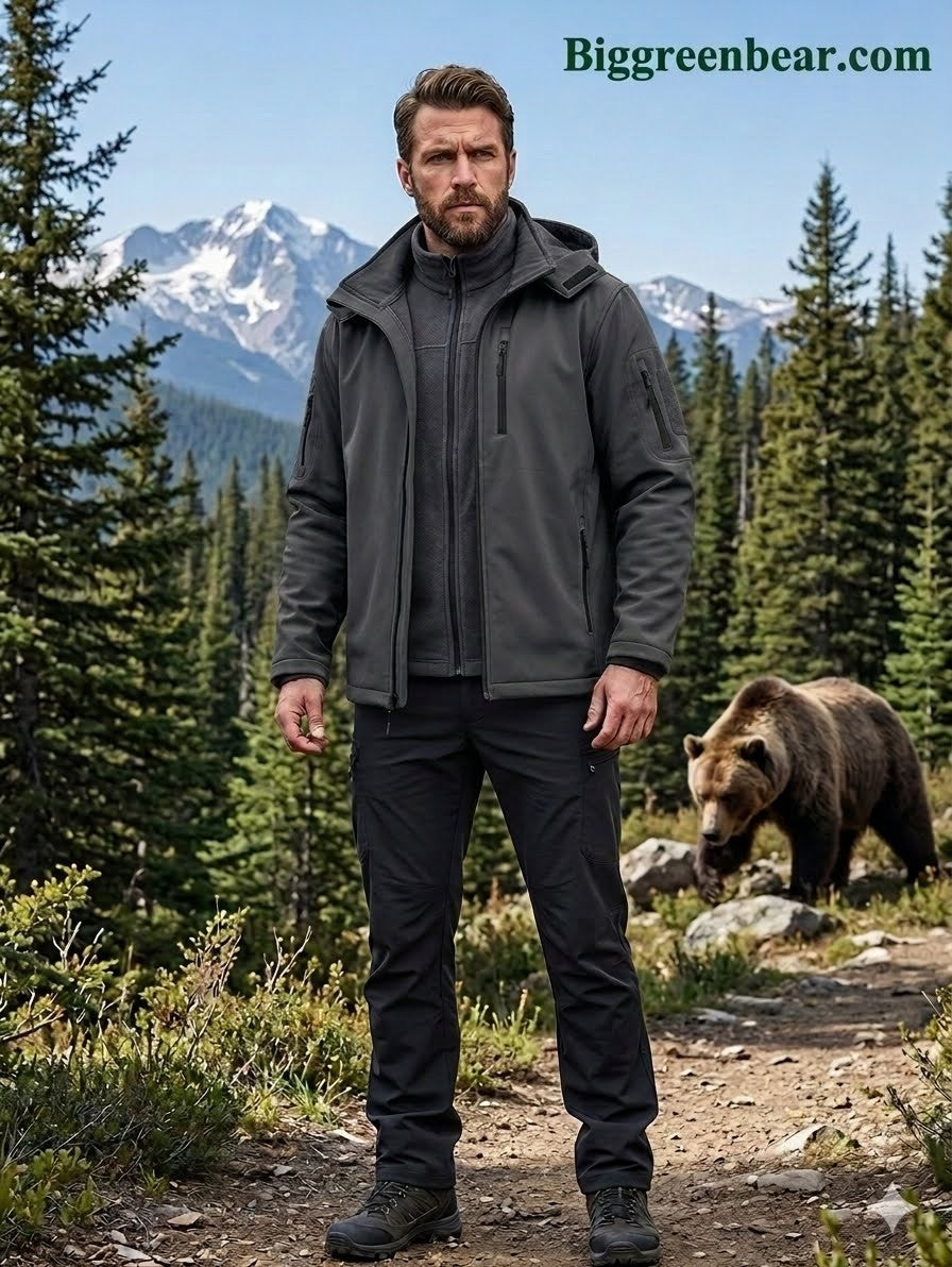 Man in a gray jacket standing on a trail with a bear in the background, featuring Biggreenbear.com.