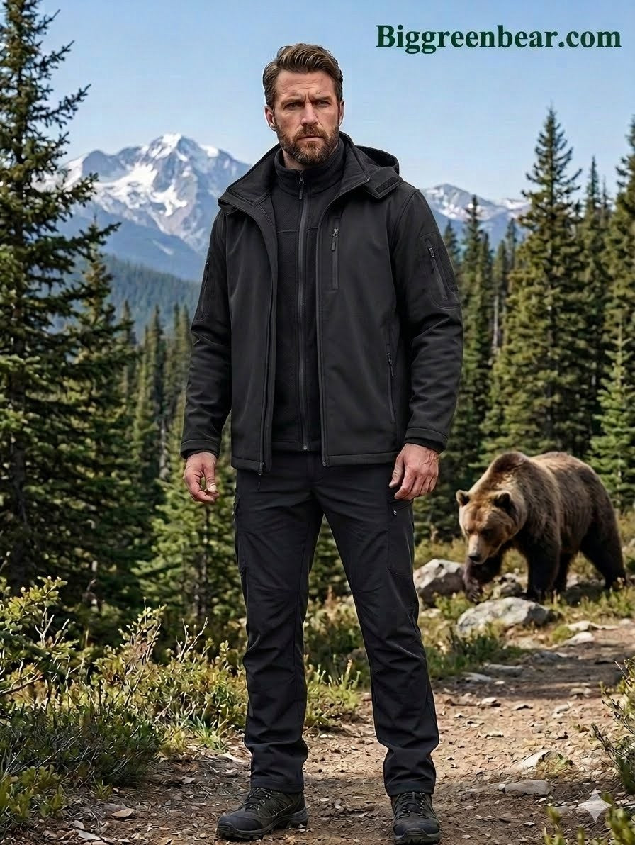 Man in black outdoor gear standing on a trail with a bear in the background, featuring Biggreenbear.com.