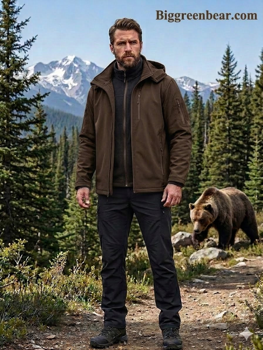Man wearing a brown jacket and black pants standing in a forest with a bear in the background, featuring Biggreenbear.com.