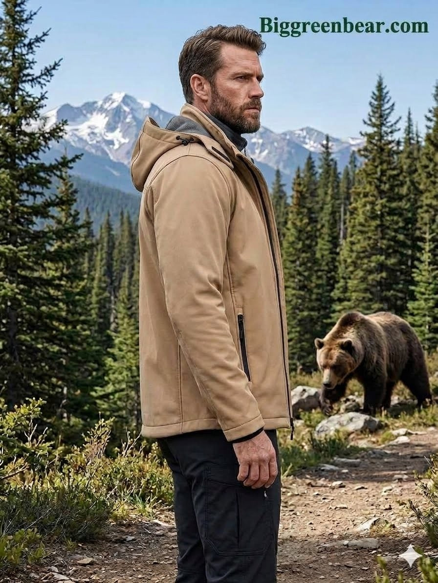 Man in a tan jacket standing in a forest with a bear in the background, featuring Biggreenbear.com branding.