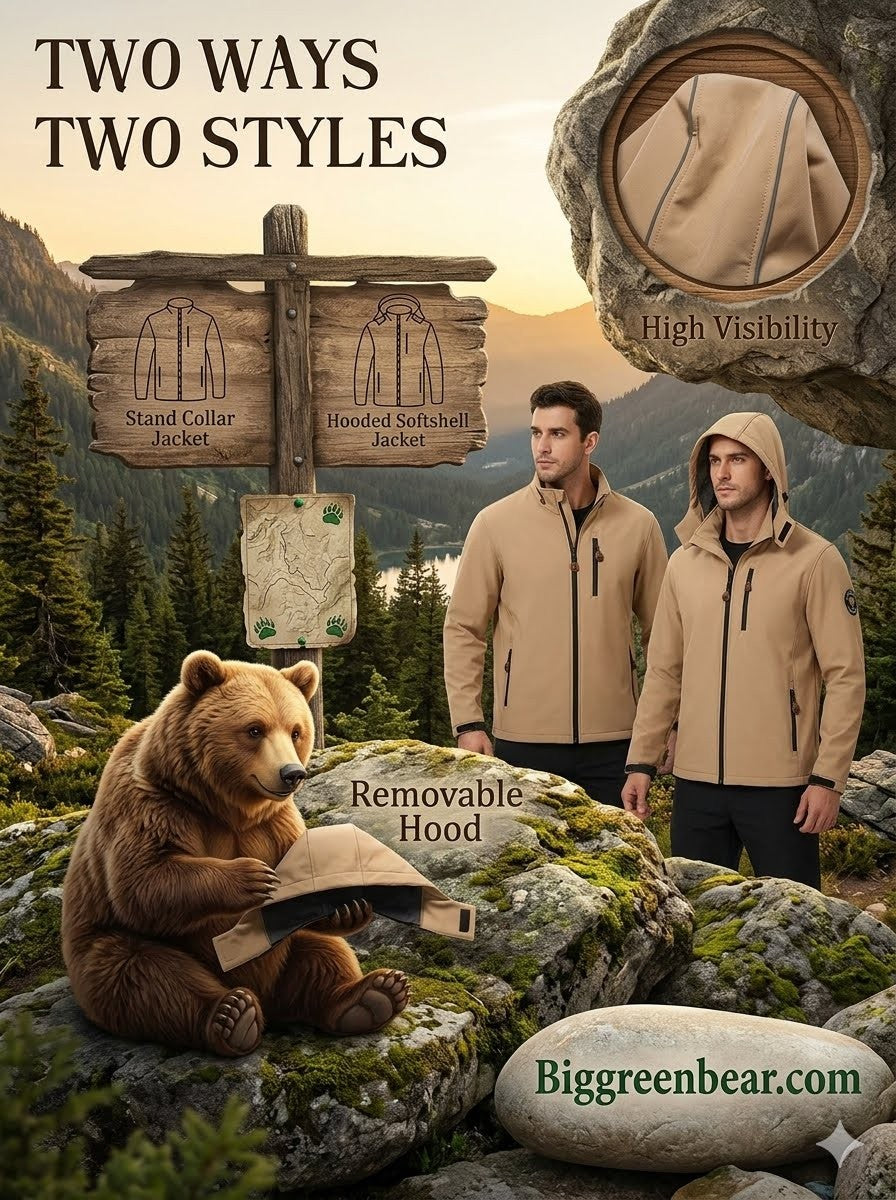 Two men wearing high visibility jackets with a bear reading a book on rocks, surrounded by nature.