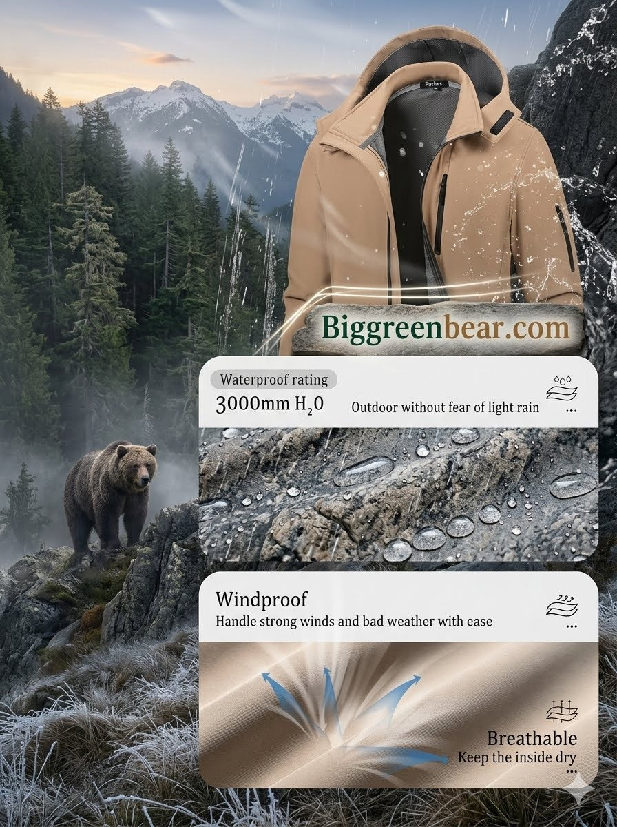 Beige jacket with waterproof, windproof, and breathable features displayed against a mountainous landscape with a bear.