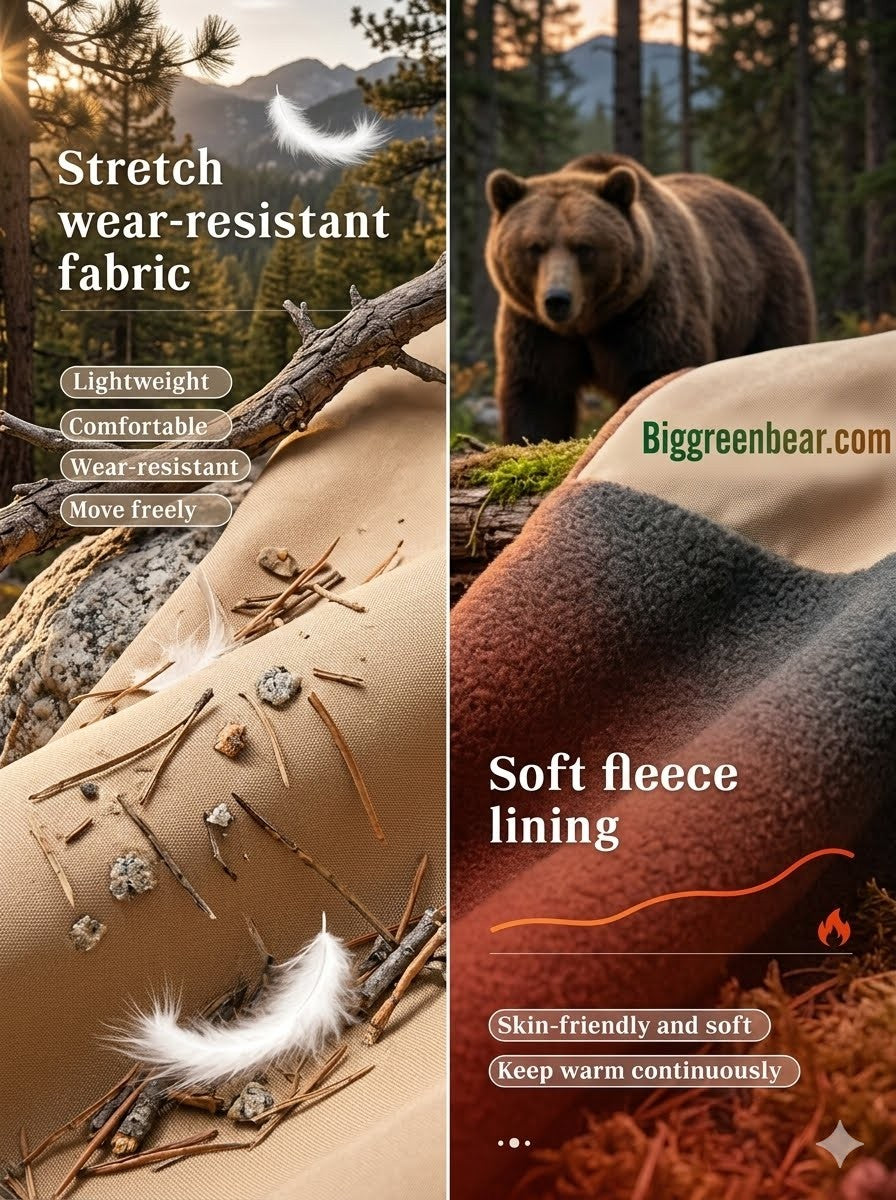 Product advertisement with bear imagery, text about fabric and fleece lining, and Biggreenbear.com branding.