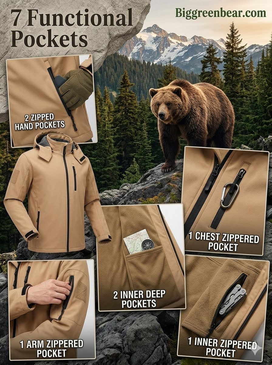Collage of a brown jacket with functional pockets against a mountainous forest background.