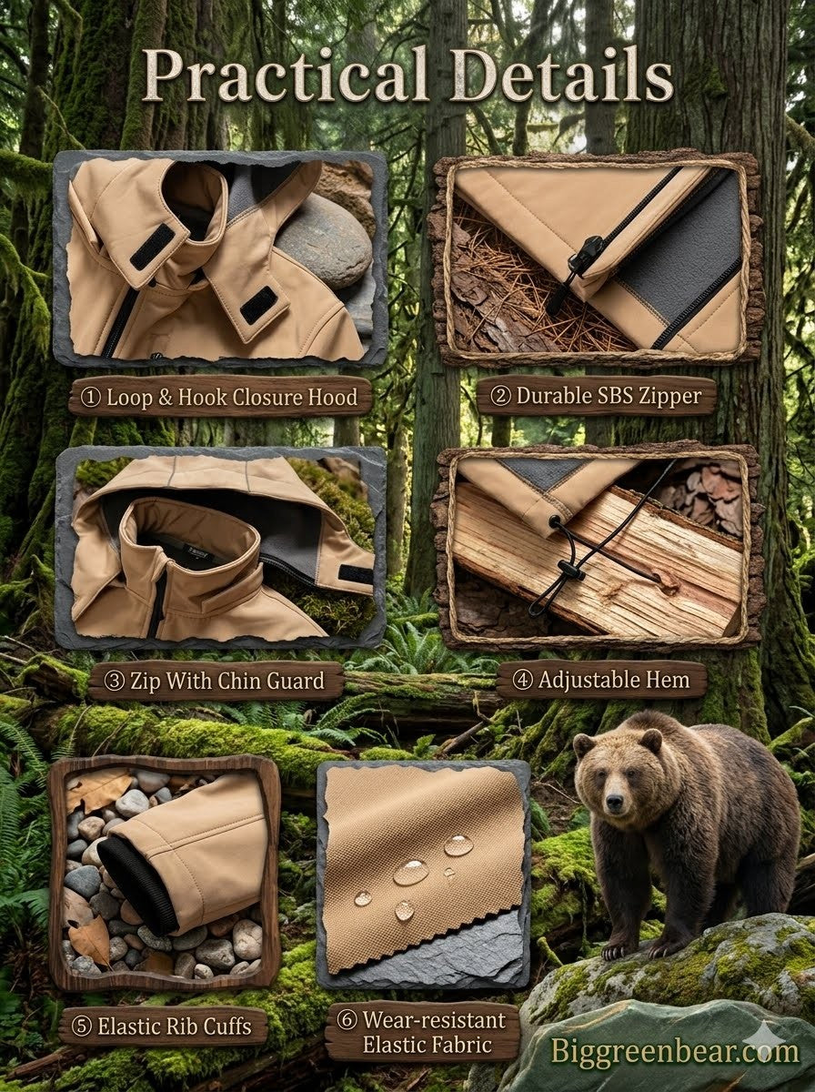 Product features of a bear proof food storage container with images of the container and a bear in a forest setting.