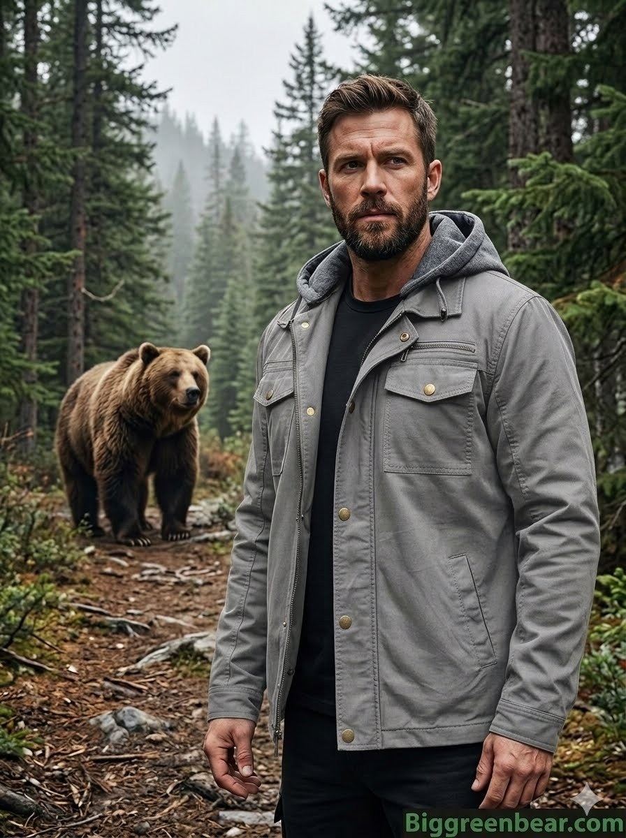 Man in a gray jacket standing next to a bear in a forest big green bear