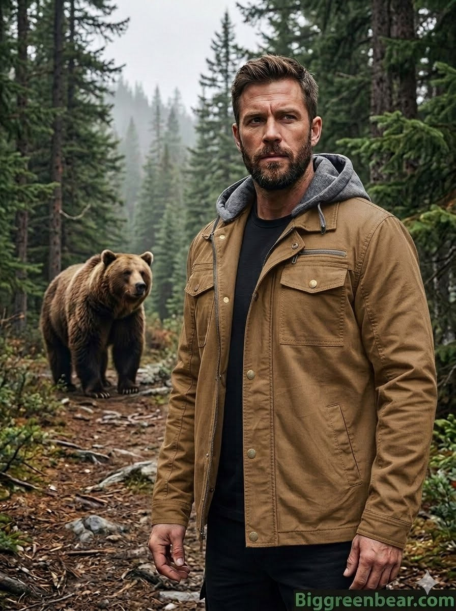 Man in a brown jacket standing next to a bear in a forest setting big green bear