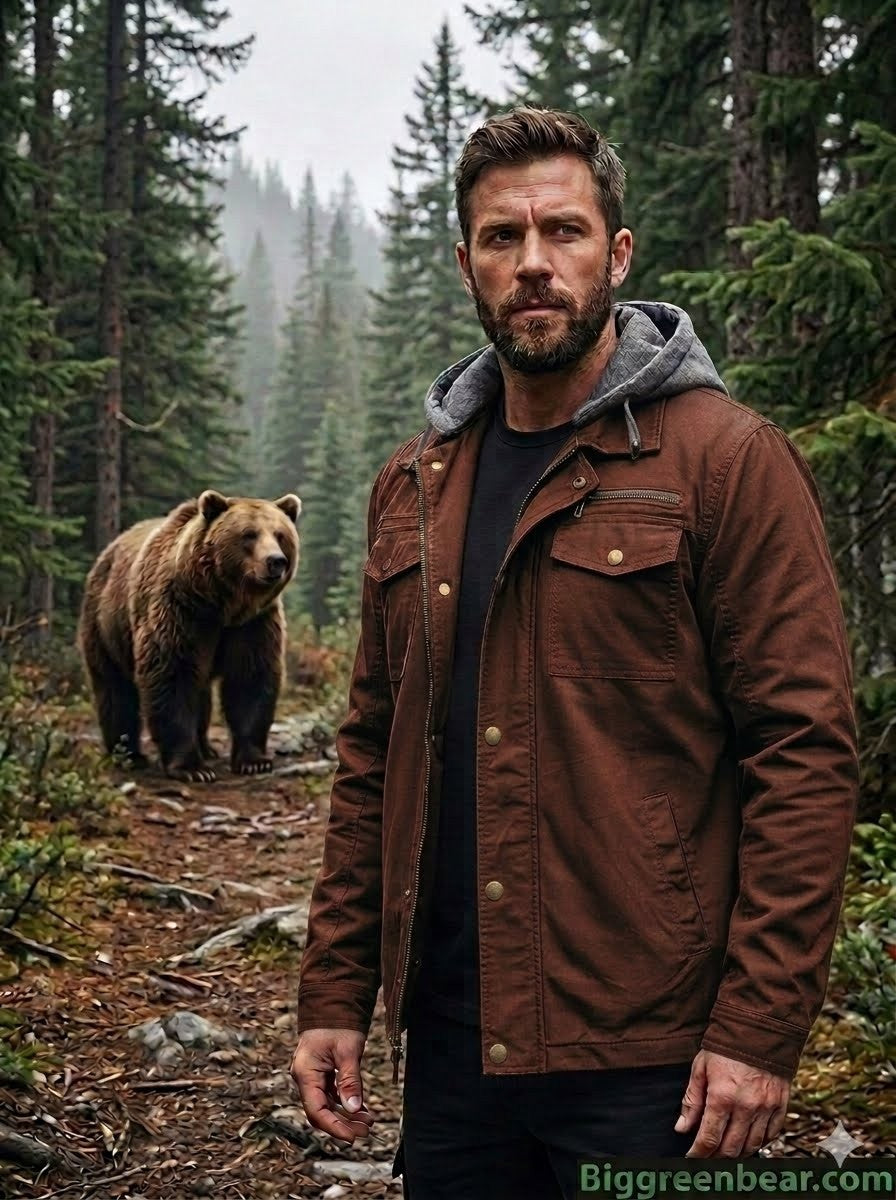 Man in a brown jacket standing next to a bear in a forest big green bear