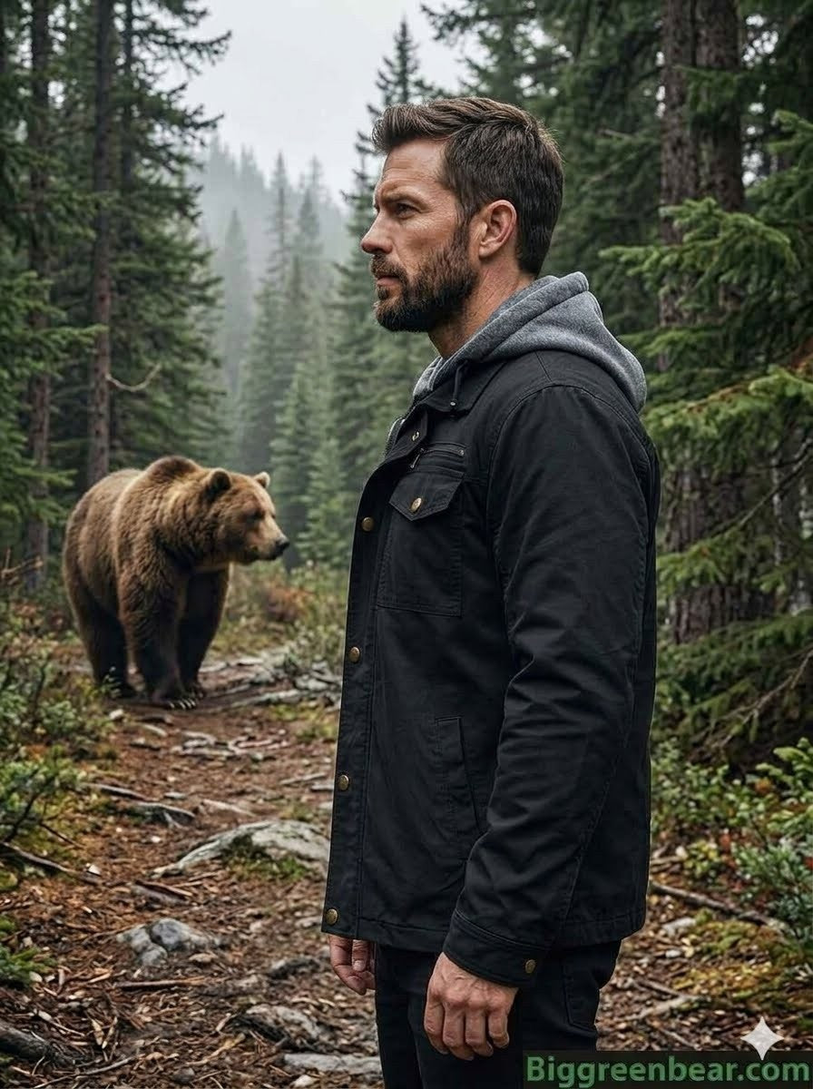 Man in a forest with a bear on a trail