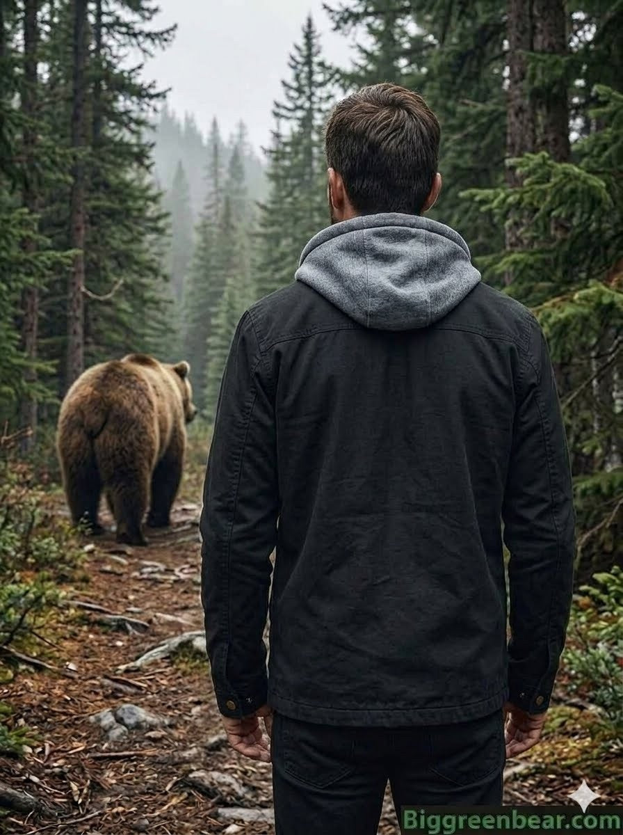 Man in a forest with a bear on a trail