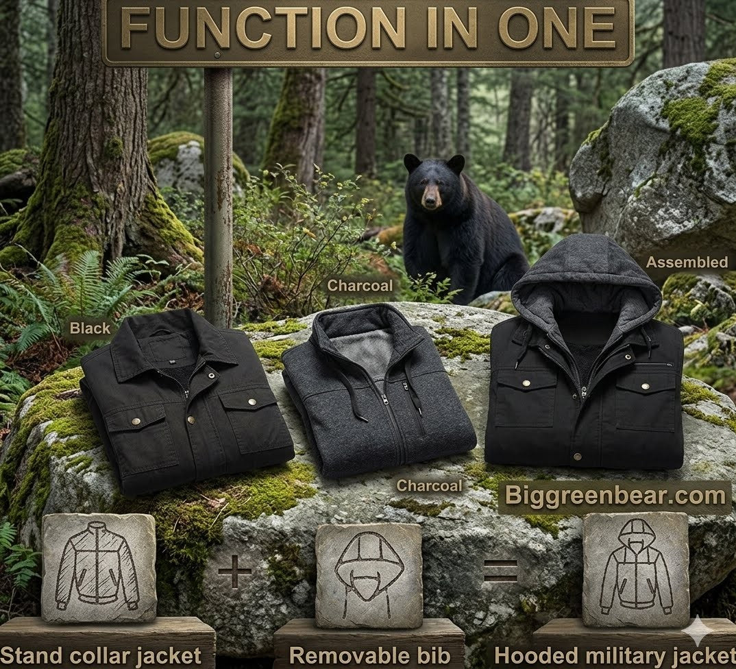 Black and charcoal hooded jackets with bear in forest background, Biggreenbear.com branding.