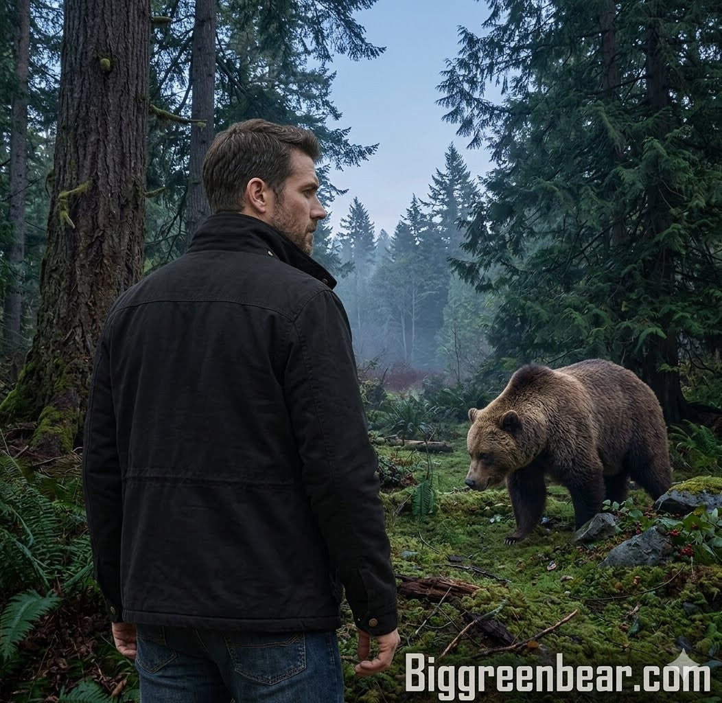 Man in a forest encountering a bear, with 'Biggreenbear.com' branding.