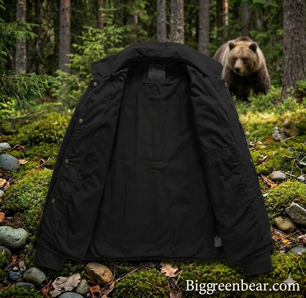 Black jacket in a forest with a bear in the background, featuring Biggreenbear.com branding.