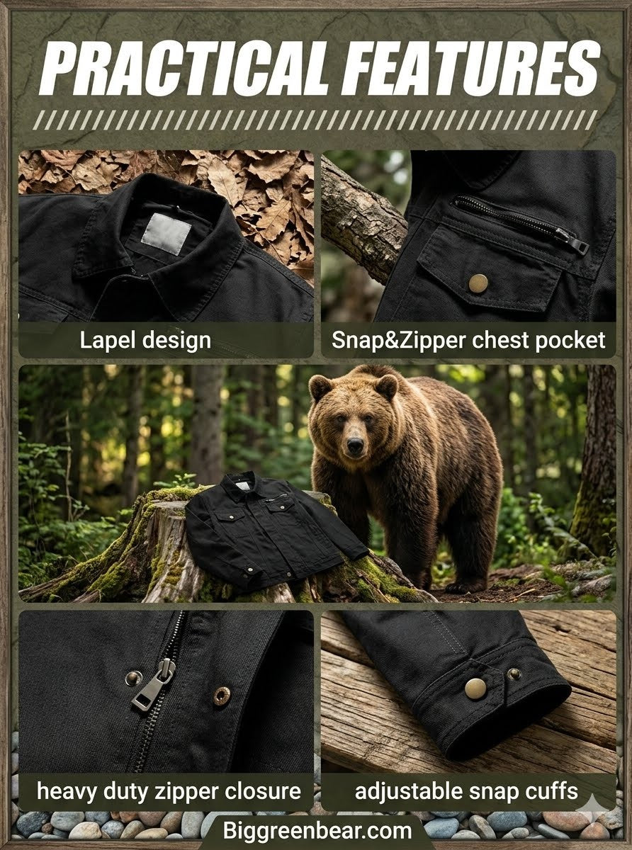 Black jacket with practical features highlighted, including lapel design, snap&zipper chest pocket, heavy duty zipper closure, and adjustable snap cuffs, set against a natural background with a bear.