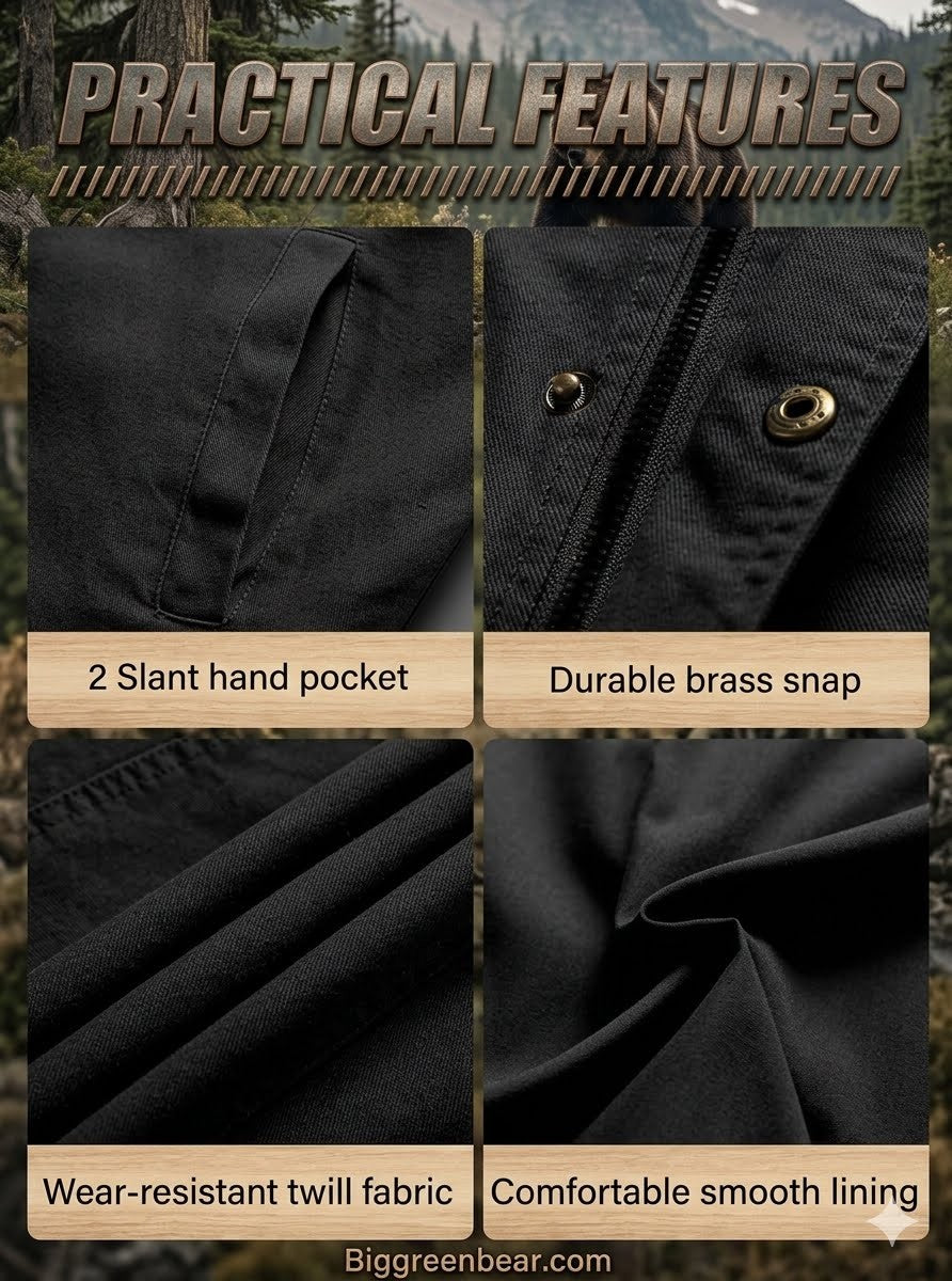 Black jacket with practical features highlighted on a natural background