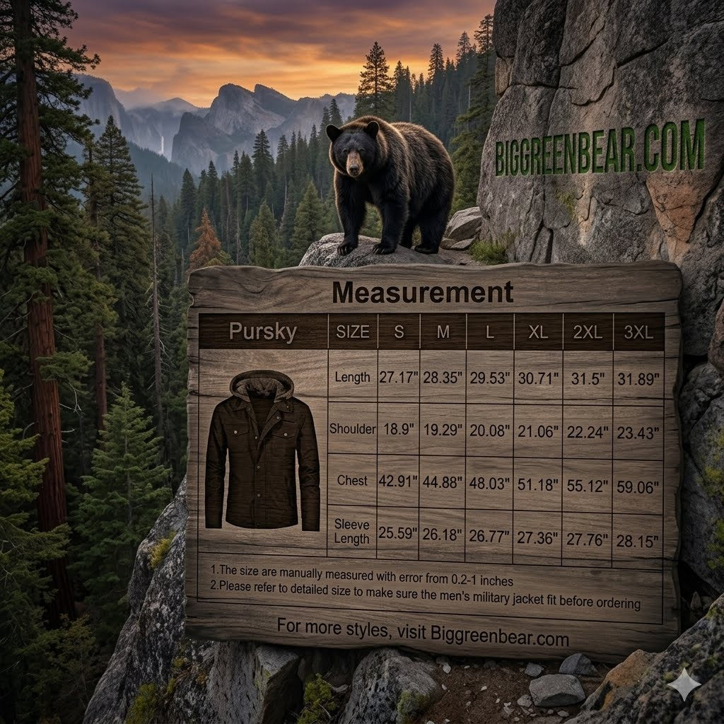 Measurement chart for a jacket with a bear and mountain landscape in the background