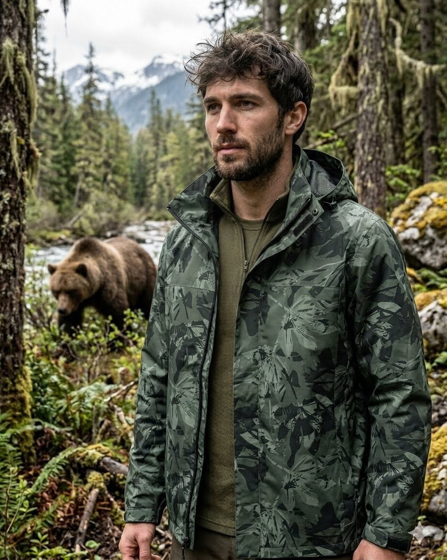 Man in a camouflage jacket standing in a forest with a bear in the background