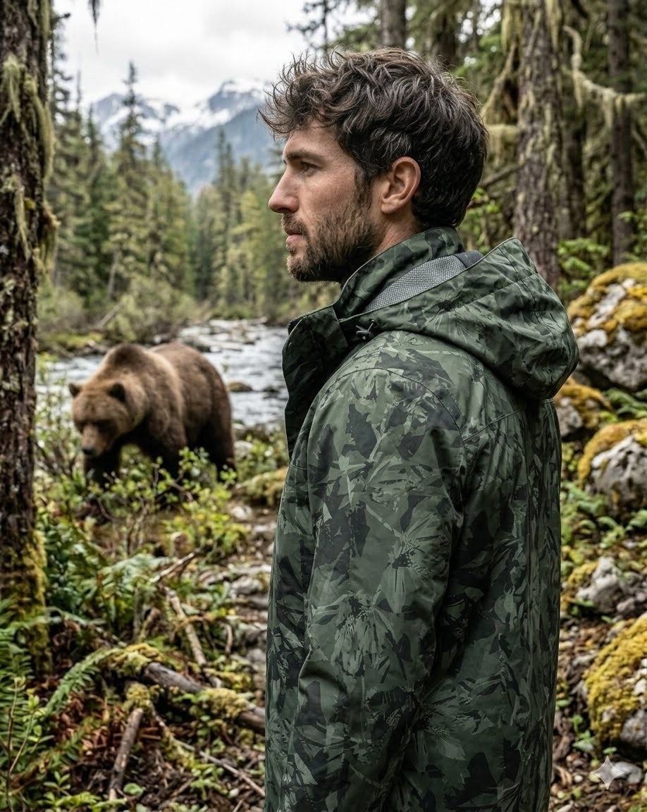 man wearing a jacket outdoor with bear in the back round